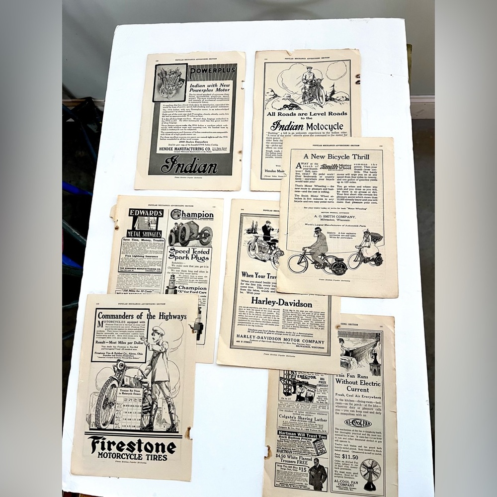 Lot 1915/1916 Popular Mechanics Pages. Harley Davidson, Indian Motorcycle Misc.